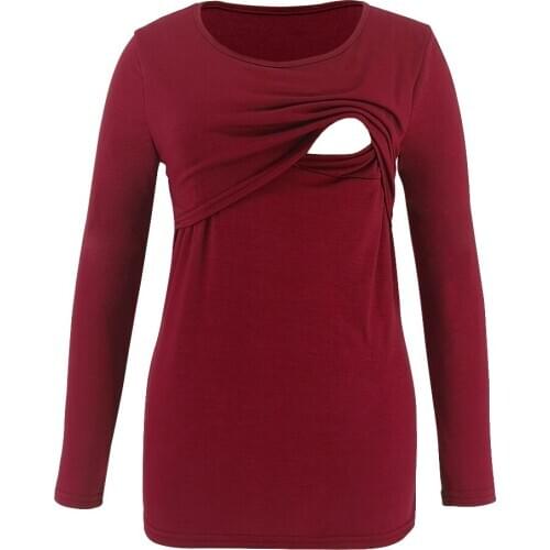 Womens Maternity Nurse Tunic Tops Pulling Up Breast Feeding Clothes Long Sleeve Scoop Neck Pregnancy T-shirt For Nursing