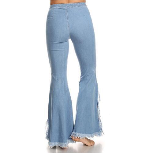New 2020 Jeans Women Dark Blue Denim Flare Pants Female Sex Tassel Pants Women Stretch High Waist Women Jeans LX1830