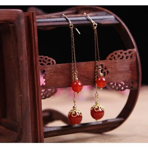 Chinese Fashion Women Earrings Natural Stone Red Agate Dangle Earrings Long Jewelry Daily Wear Gifts for Women Love