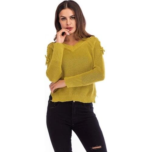 Women Autumn Winter Sweaters Solid V-Neck Loose Pullovers Casual Daily Basic Womens Knitted Lace Up Long Sleeve Sweater