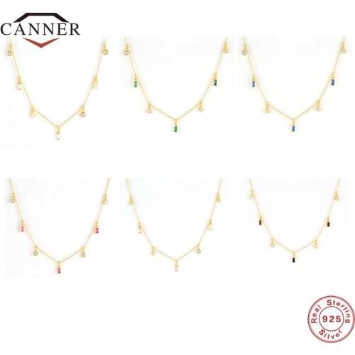 CANNER 925 Sterling Silver Colorful Rectangle Zircon Pendant Chain Necklace for Women Clavicle Choker Necklaces Fine Jewelry