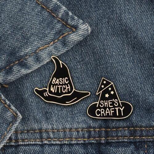 2pcs/set Creative BASIC WITCH SHES CRAFTY Black Hat Brooch Cartoon Enamel Pin Women Denim Jackets Collar Pins Badges Jewelry