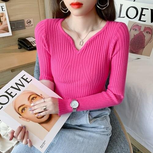 2021 Knitted Women V-Neck Sweater Pullovers White Autumn Winter Basic Women Sweaters Slim Fit Black Rose Knit Jumper