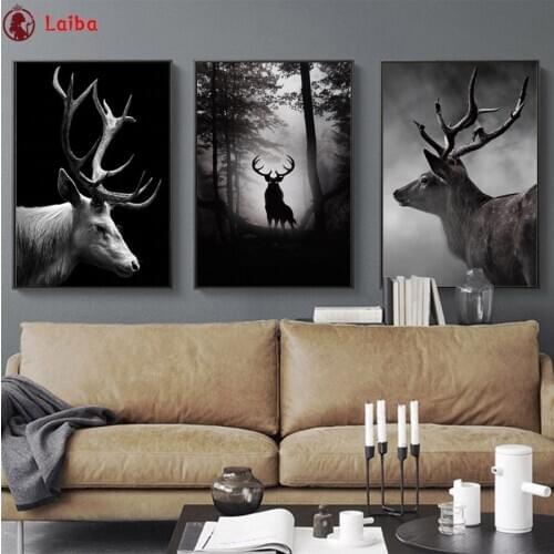 5D DIY diamond painting Black and white animal art, forest deer cross stitch full square round diamond Emeroidery mosaic 3pcs