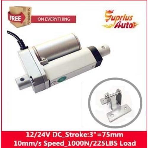 Free Shipping electric linear actuator with new stent, 3"/75mm Stroke 12/ 24v electric linear actuator.100KGS/1000N/225LBS
