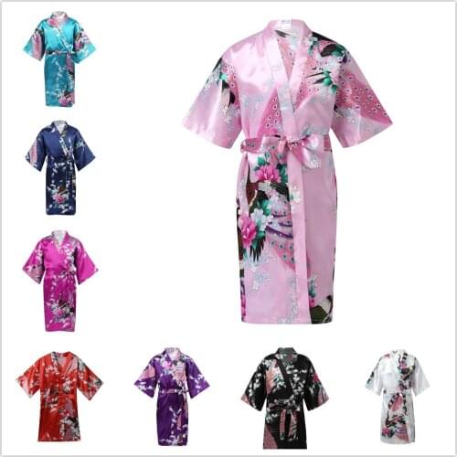 Girls Satin Kimono Robe Kids Sleepwear Peacock Flower Printed Children Bathrobe Nightgown Robe For Spa Party Wedding Birthday
