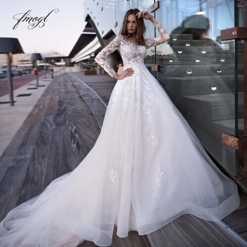 Fmogl Sexy Illusion Long Sleeve Lace Vintage Wedding Dresses 2021 Luxury Scoop Neck Appliques Court Train A Line Bride Gown
