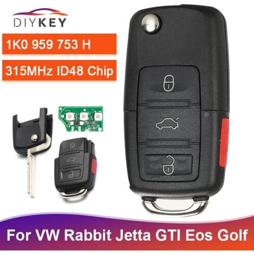 DIYKEY 3+1 4 Button 1K0 959 753 H 315MHz ID48 Chip 1K0959753H for Volkswagen VW Rabbit Jetta GTI Golf Eos CC Flip Remote Key