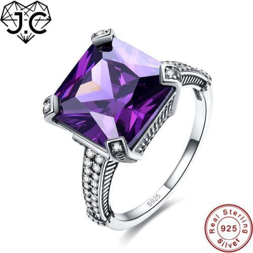J.C 12*12 mm Big Amethyst & Rainbow Fire Mystic White Topaz Solid 925 Sterling Silver Ring Size 6 7 8 9 Nobility Fine Jewelry