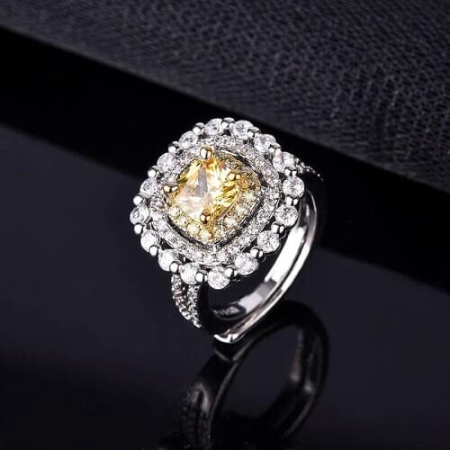 KOFSAC New 925 Sterling Silver Ring For Women Jewelry Luxury Shiny Zircon Yellow Square Rings Lady Gifts Engagement Accessories