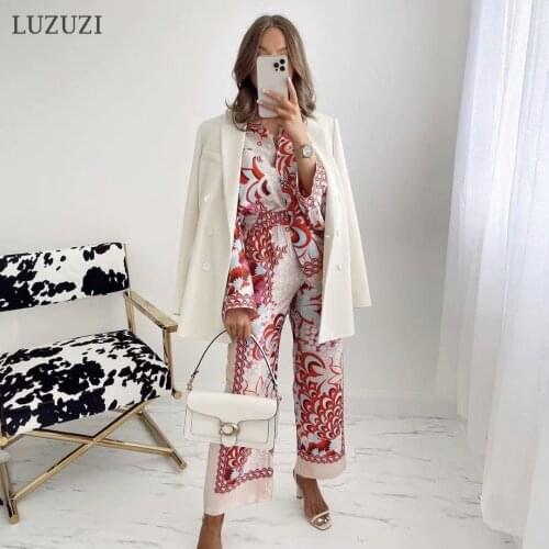 LUZUZI Elegant Woman Red Print Shirt Suits 2021 Spring Summer Fashion Indie Folk Pants Suits Ladies Vinatge Beach Suits Otfit