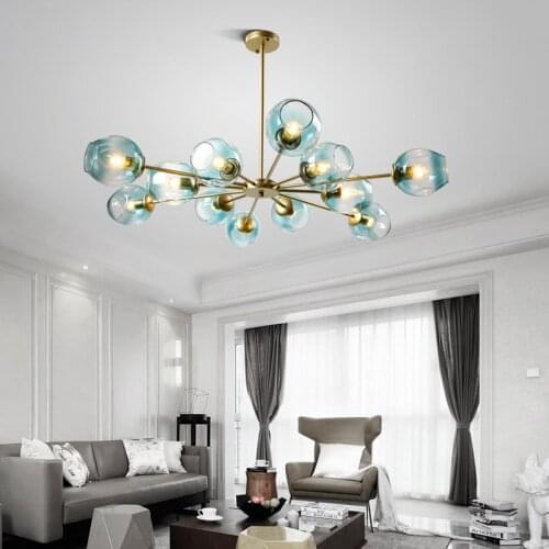 Nordic Glass Blue Ball Chandelier Copper Gold Modern Industrial Lamp Creative Personality Retro Living Room Bedroom Chandelier