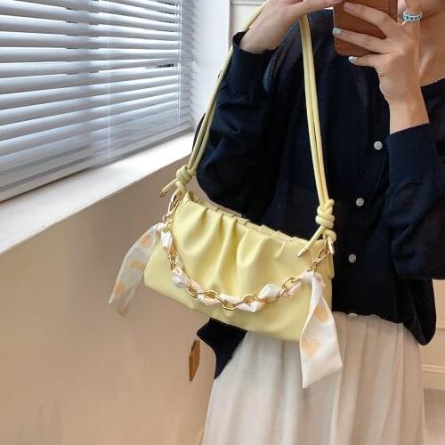Small Pleated Crossbody Bag Shoulder Bag For Women 2021 Female Square PU Leather Bag New Versatile Chain Ribbon Yellow Handbags