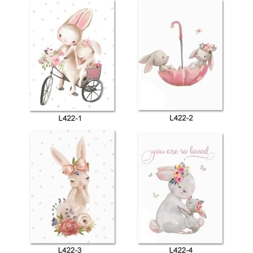 Cute Grey Bunny Ballet Rabbit Wall Stickers for Kids Room Cat Baby Nursery Wall Decals Pink Flower for Girl Room Home Decoration