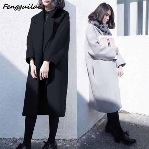 Fashion Women Woolen Jacket Female Winter New Korean Loose Coat Womens Long Trendy Simple Blends Females Solid Color Student