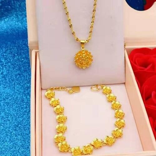 Fashionable new flower ring necklace set copper plated gold three piece set long lasting gold necklace set can be purchased sepa