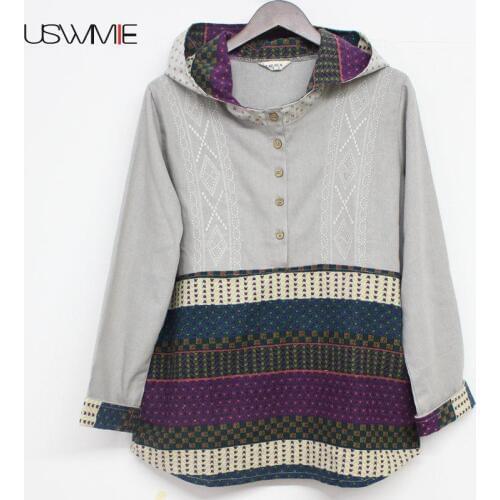 2020 New Women Fleece Fashion Casual National Style Long Sleeve Color Matching Pockets With Hood Outwear Plus Size Women Hoodie