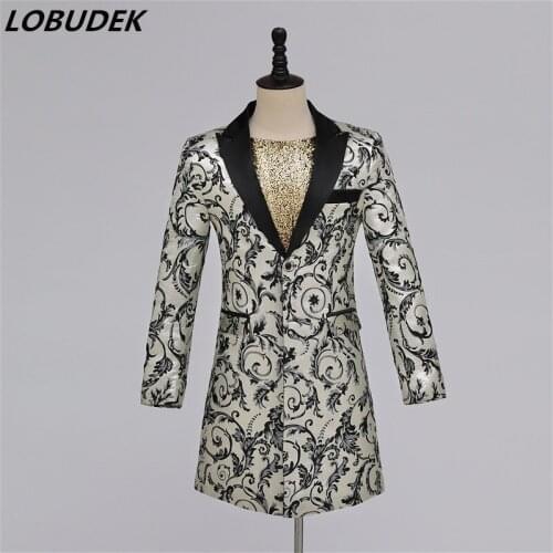 New Vintage Court England Style Jacquard Long Blazer Mens Coat Male Singer Host Magician Bar Evening Party Show Stage Costume