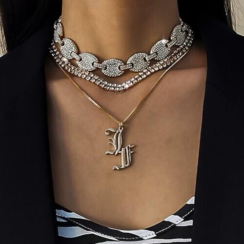 TIMEONLY Exaggeration Multi Layering Pig Nose Shinning Rhinestone Necklace Alloy Letter Pendant Necklaces for Women Ladies