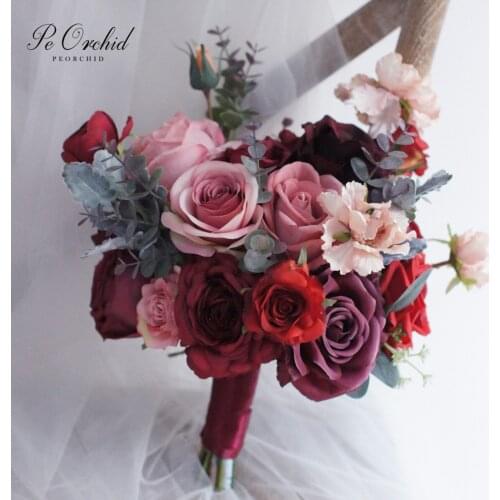 PEORCHID Dusty Pink&Red Bridal Bouquet De Fleur Artificielle Roses Flowers Fall Winter Wedding Collection Brides Hand Bouquet