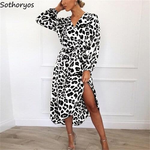 Sexy Leopard Long Sleeve Dress Women High Waist Irregular Sashes Chic V-neck Chiffon Elegant Trendy Ladies OL Stylish Hot Sale