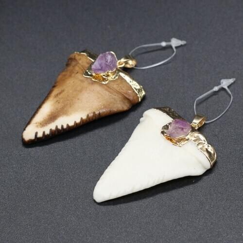 New Bull Bone with Amethysts Pendant Punk Style Triangle OX Bone Charms for Jewelry Making DIY Necklace Accessories Size 38x55mm