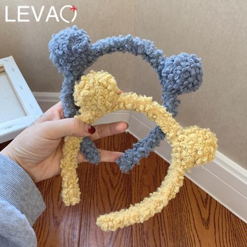 Levao Winter Plush Double Ball Headband Wool Hair Band For Girls Cute Hair Accessories Solid Color Head Bezel Head Hoop