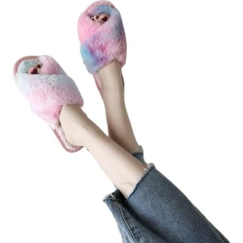Colorful women winter slippers cute plush womans shoes fleeces indoor mules warm free style flip flops Basic