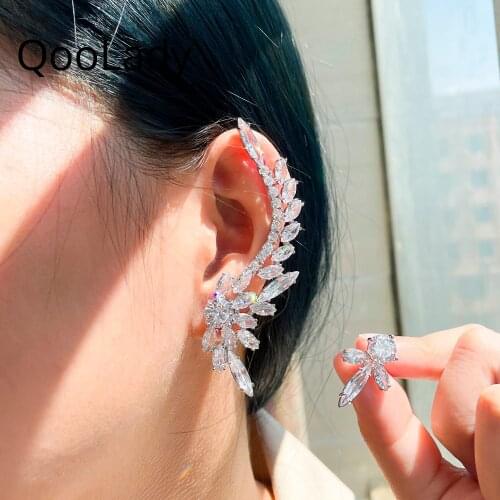 QooLady 2020 New Asymmetric Sparkly White Luxury Long Cubic Zirconia Crystal Climber Ear Cuff Earrings Brides Star Jewelry E068