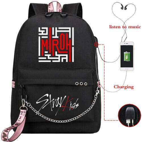 Stray Kids School Bag Usb Cable Backpack Kpop Style Women Backpacks Laptop Bagpack Rucksack Girls Schoolbag Mochila Sac A Dos