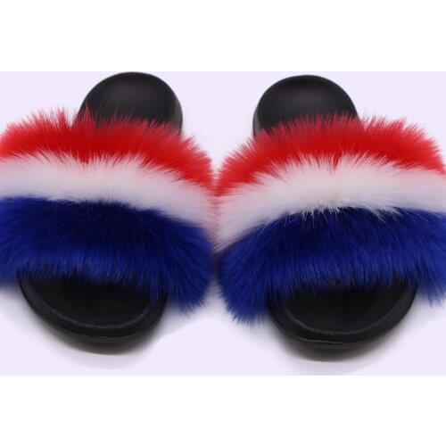 Womens summer faux fur fox fur slippers luxury fashion indoor non-slip flat bottom furry multi-color fox fur slippers