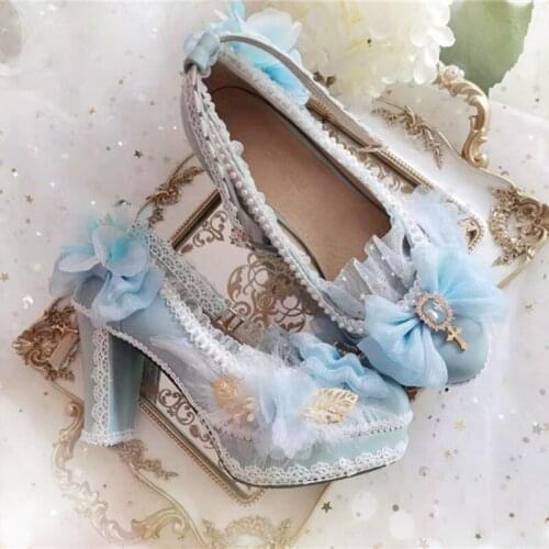 Lolita Shoes Handmade Luxury Tea Party Cosplay Anime Sweet Girl Loli Kawaii Bowknot Lace Buckle Female Wedding Heels Dress Shoe