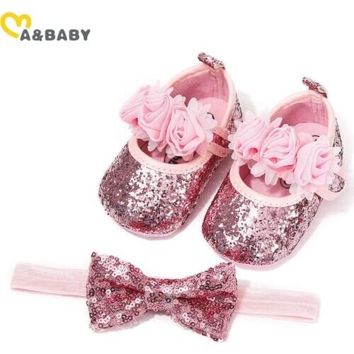 Ma&Baby 0-18M Birthday Infant Newborn Baby Girls Shoes Bowknot Sequins Princess Shoes First Walkers + Hairband