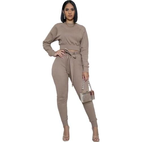 Spring Casual Pants Suit Women Long Sleeve Crop Top Sashes Skinny Pants Set Ladies Elegant Matching Sets Women Clothes Outfits