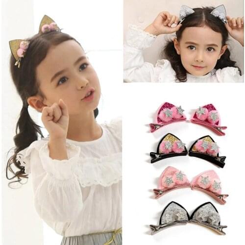 1 Pair Fashion Korean cute children rabbit cat ears hairpin hair accessories baby hair ball star hairpin girls hairpin BB pin