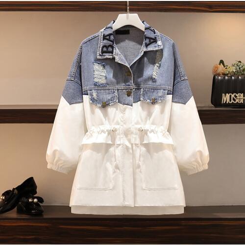 2020 Spring fashion denim patchwork jackets letter embroidery women hole jackets Drawstring Plus Size Coat Female Manteau femme