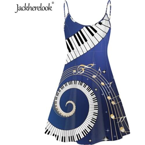 Jackherelook Womens Sleeveless Adjustable Strappy Dresses Blue Music Note Piano Keyboard Print Backless Party Dress for Girls