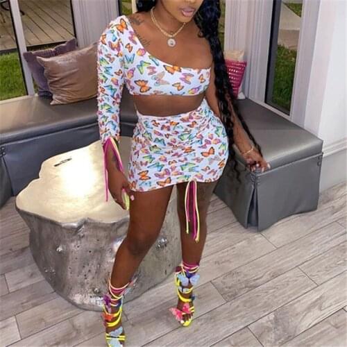 Fashion Butterfly Print Two Piece Sets Women One Shoulder Long Sleeve Tops+Ruched Skirts Casual Autumn 2021 Drawstring Outfits