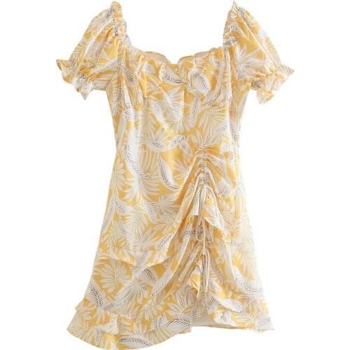 Womens Fashion Feather Print Short Sleeve Smocked Mini Puff Sleeve Ruffle Dress