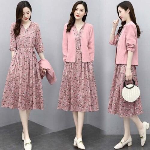 Floral Cotton And Linen Dress Female 2021 Spring And Autumn Retro Shirt And Dress Temperament Two Piece Set Women Outfits M63