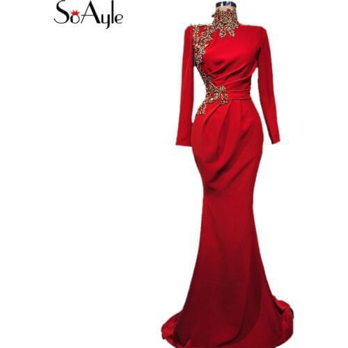 SoAyle Heavy Beading Luxury Evening Dresses 2018 High Neck Long Mermaid Prom Dress Pleated Red Evening Dresses vestido de noiva