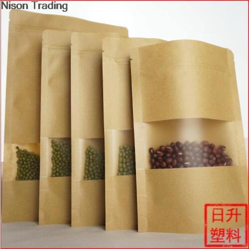 18*26cm 100PCS X Ziplock Resealable stand up Kraft paper bags with window - kraft pouch Zipper grip sealing food storage