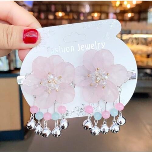 2Pcs/Set Children Pink Tassel Pendant Resin Flower Ornament Hair Clips Girls Lovely Barrettes Hairpins Kids Hair Accessories