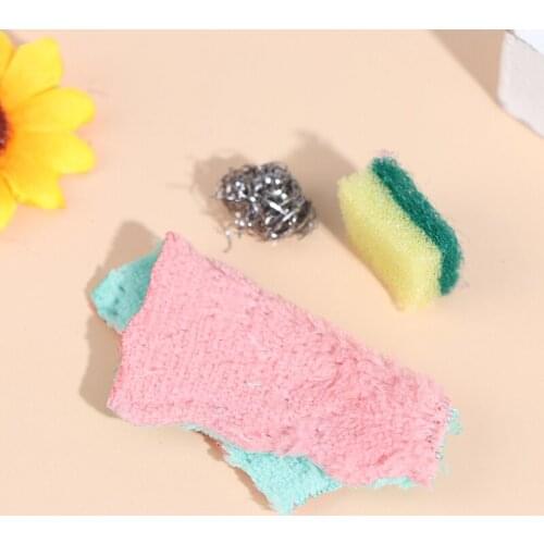 3 Pcs/1Set Dollhouse Miniature Steel Wire Sponge Ball and Washing Rag Cleaning Tools