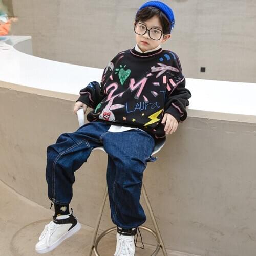 Boys Plus Velvet Clothing 2020 Winter New Childrens Autumn and Winter Handsome Tops Trendy Childrens Bottoms Toddler Boys