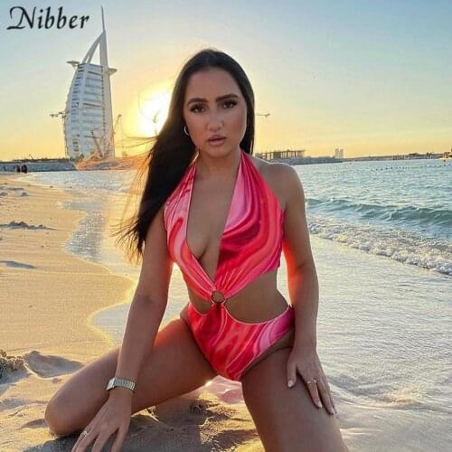 NIBBER Patchwork Aesthetic Print Bodysuit Women 2021 Sexy Halter Halter Drawstring One Piece Female Simple Summer Swimwear Hot