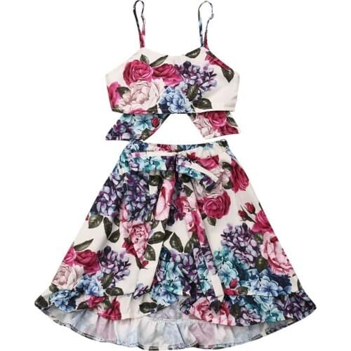 Brand Toddler Kids Baby Girl Clothes Flower Print Sleeveless Crop Strap Tops Long Dress 2Pcs Outfits Summer Clothes 1-6Y