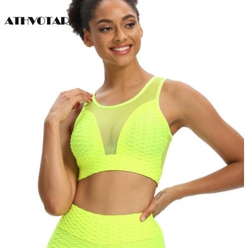 ATHVOTAR Sexy Crop Tops Net Yarn Perspective Push Up Fitness Vest Bra Sleeveless Gather Shockproof Quick Dry Sports Bras Women