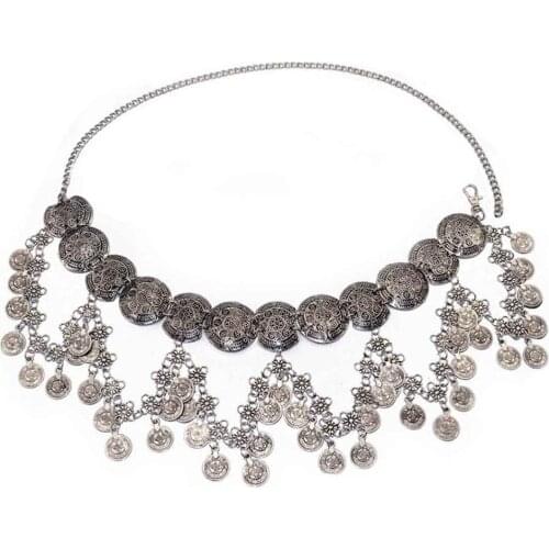 Turkey Gypsy Vintage Silver Color Carved Flower Waist Chains For Women Sexy Long Tassel Coins Belly dance Body Chains Jewelry
