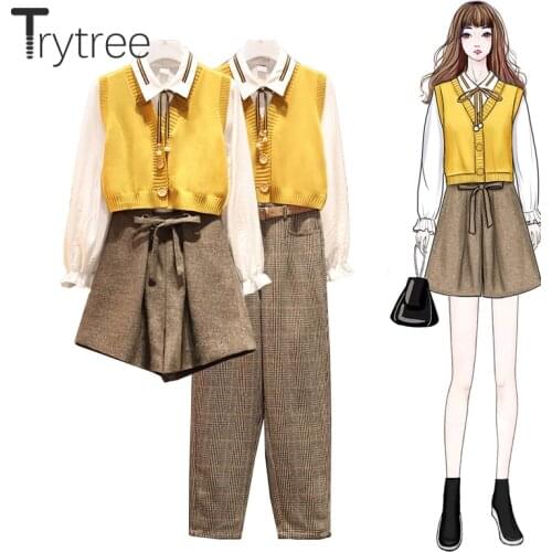 Trytree AW Office Lady Three piece set Knitted Vest + Turn-down Collar Bow Blouse + Pants Pockets Belt Set Women 3 Piece Set